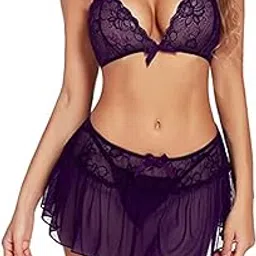 bellevino Nylon Women Lace Lingerie Set Net Fabric 3 Pieces Bralette Bra and Cute Mini Skirt with G-String Panty Sexy Babydoll Honeymoon Wear-picture-39