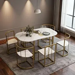 6-Seater Nesting Dining Table Set with Marble Finish Top & Gold Metal Frame | Space-Saving Dining Set with Tuck-in Chairs for Home, Apartment & Modern Interiors | Furniture for Living & Dining Room-picture-30