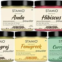 STAMIO Hair Care 5 Products Combo 480 gm - Amla Hibiscus Bhringraj Fenugreek (Methi Dana) Curry Leaves Powder for Mask, Pack, Anti-Dandruff, Shine | Natural Powders Kit | In Jar (100gm X 4 + 80gm)-image-57