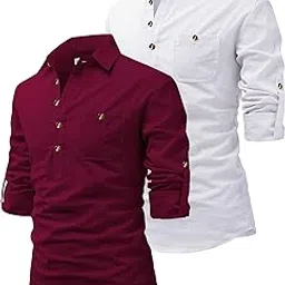 raremark Men Pure Cotton Slim Fit Spread Collar Full Roll Up Sleeve Cotton - White Color Kurta Pack 2 image 1