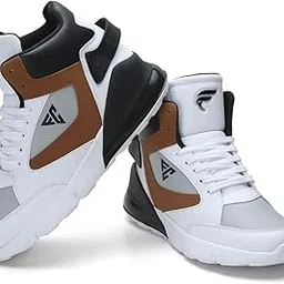 field care High-Top Athletic Sneakers, White and Tan Colour Block Design, Lace-up Sports Shoes with Black Accents-picture-52