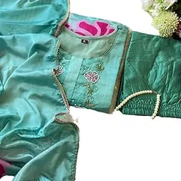 Women's Turquoise Silk Embroidered Dress Set, Traditional Floral Design, Pink Accents, Pearl Details, Size L-picture-13