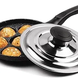 MILTON Pro cook Appam Patra with Stainless Steel Lid, Non-Stick Heavy Duty Aluminium, 7 Cavity, 12.8 Inch, Single Handle, Paniyaram Pan, Appe Maker, Appam pan, Litti Maker - Black-image-52