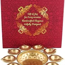 R Ayurveda Copper Metal Decorative Metal Diya Traditional Diya Urli Tealight Holder Golden Bowl for Floating Flowers Home,Office Wedding Decor Size 10 Inches with 10 diyas with Gift Box-image-92