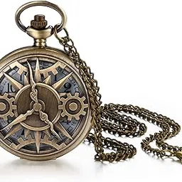 Pocket Watch for Men Half Hunter Bronze Quartz Movement Punk Fob Pocket Watch Large Arabic Markers with Chain Birthday, style a, Quartz Movement-image-1