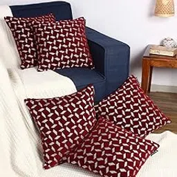 ROMEE Designer Woven Geometric Pattern Cushion Covers 16 inch x 16 inch Set of 5 | Decorative Square Velvet Throw Pillow/Cushion Cover for Living Room, Sofa, Couch, Bedroom (Maroon)-picture-21