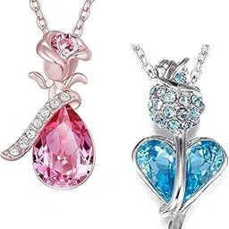 Crystal Jewellery Combo Of 2 Rhodium And Rose Gold Plated Heart And Drop Alloy Pendant Studded With Multi Color (Blue, Pink) Crystal Stones For Girls And Women CO1000382-image-3