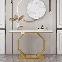 QLOFT Modern Console Table with Engineered Wood Marble Look Top and Metal Frame The Most Fashionable Entry Table for The Living Room, Hallway, Bedroom, Office, etc. (White)-image-19