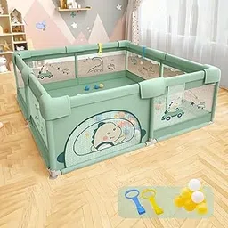 Dawnwake Large Playpen 150 x 180 cm No Mat/Cushion for Toddlers & Kids up to 5 Years with Pit Balls and Anti-Fall Grasp Rings, Playard with Safety Lock (Non-Foldable, Green)-picture-34