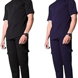 Men's Polyester Co-ord Set of 2 Casual loungewear T-Shirt & Jogger Pants Set Black (Black-Blue-XL)-picture-13