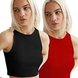 toochki Women's Knitted Sleeveless Solid Round Neck Ribbed Tank & Crop Tops (Pack of Two (2))-picture-14