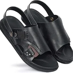 richy adam FLIK Men's Leather Slingback Sandals, Black/Brown Double Strap, Open Toe Casual Slides with Adjustable Fit-picture-53