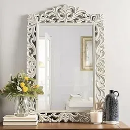 AFFIZU HANDICRAFTS Wall Hanging Wooden Mirror Frame, Wall Frames, Hand Carving Frame, Frame for Home Decor, Decoration Item Antique White Color 36x24 Inch Without Mirror-image-35
