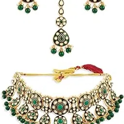 zaveri pearls Green Meenakari Stones Beads Drop Choker Necklace Earring & Maangtikka Set For Women-ZPFK21669-picture-39