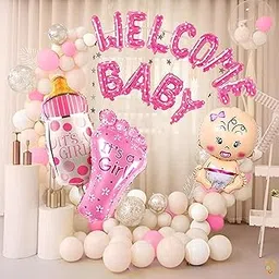 Indy Toys And Fashion ITAF Baby Girl Welcome Home Decoration Kit, Foil Balloons, Baby Foot Bottle Shape Balloons For Kids Birthday Party Decoration Kit, Pink, 44Pcs-picture-35