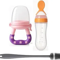 Baby Food Dispensing Spoon Feeder Bottle 90ml and Fruit Feeder/Nibbler/Pacifier with Cleaning Brush Pack of 3 (YLO-Pink)-picture-10