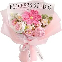 CALANDIS Crochet Flower Bouquet Knitted Bouquet for Party Graduation Gift Anniversary Pink | Home Dacor-image-8