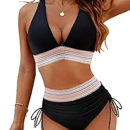 blooming jelly Women High Waisted Bikini Sets Tummy Control Swimsuits Color Block Two Piece Drawstring Bathing Suit-picture-41