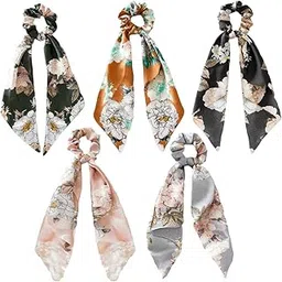 Paisley Silk Hair Scarf Scrunchies, Ribbon Bow Scrunchie with tail, Flower Printed Hair Ribbon Ties, Floral Hair Scrunchies with Ribbon (Flower Pattern)-picture-35