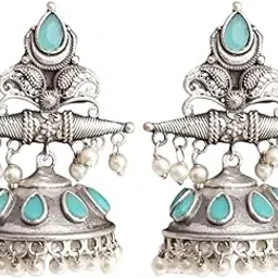 meeviva Oxidised Silver Jhumki Earrings with Green Stone, Pearl Beads, Traditional Indian Ethnic Dome Shape, Antique Finish For Womens And Girls For Daily Use and Part Wear-picture-38