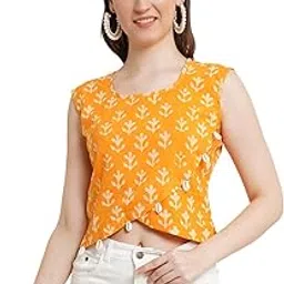 popwings Yellow Casual Cotton Sustainable Bagru Ethnic Print Women's Crop Top - Round Neck, Sleeveless for Summer-picture-14