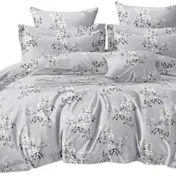 Floral Print Bedding Set, Grey and White Duvet Cover with Pillow Cases, Double Size-image-73