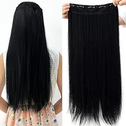 Women's 24"inch 5 Clips Based Synthetic Fibre Straight Hair Extension | Artificial Straight Natural Black Long Hair Extension | Women's 5 Clip 24 Inch Black Straight Hair for Women-picture-12