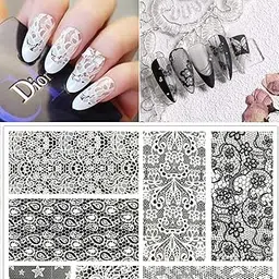 MONIKA Selected 32 Sheets Retro Atmosphere Lace Nail Art Foil Transfer Stickers, Black White Lace Design Nail Transfer Foils for Acrylic Manicure Tips Wraps Charms Decorations(Set 24)-picture-14