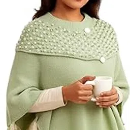 Women's Mint Green Knit Poncho with Pearl Embellishments, Turtleneck Design, Fringe Detail-picture-38