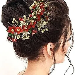 Hair Flare Floral Hair Vein for Women, Artificial Flower Hair Accessories, Hair Pin for Girls - Red, 2205-picture-19