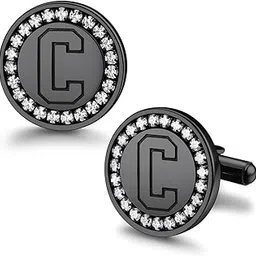 bandmax Mens Initial Cufflinks Stainless Steel/Black Sport Letter Cuff Links with Cubic Zirconia Cufflinks for Wedding Bridegroom Groomsman Teammates-picture-51