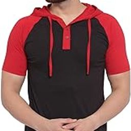 kalt Men's Half Sleeves Dual Colour Cotton Blend Hoodie(Black::Red)-picture-18
