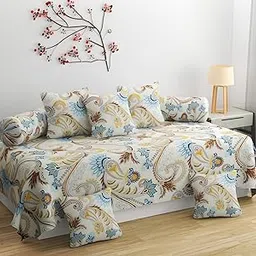 TYLORSTYLE® Soft Glace Cotton Designer Printed Diwan Set, 1 Single Bedsheet, 2 Bolster Covers, 5 Cushion Covers (White, Standard) - 8 Piece-image-52