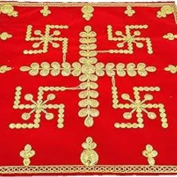 Bhakti Lehar ( 15 x 15 Inch Swastik Design Red Velvet Pooja Aasan Cloth/Pooja Aasan Kapda/Embroidered Puja Chowki Cloth for Home Mandir, Temple, God & Goddess Assan - Pack of 1-image-90