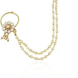 cz stone Elegant Gold Plated Nose Pin with Beads Chain Work image 1