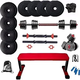 Bodyfit Home Gym Set (16kg -100kg) Weight Plate +Multi Extension Barbell Rod, 2 Dumbbell Rods+ Heavy Foot Flat Bench for Home Workouts (25Kg Weight Plates)-picture-22