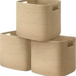 GRATIFY HOMECotton Rope Storage Baskets Set of 3 Foldable Woven Basket, Decorative Rope Basket with Handles for Organizing Toy, Towel, Clothes, 10.5" x 10.5" x 11", (Brown)-picture-28
