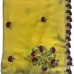 Decorative Yellow Cotton Silk Saree with Red Rose Pattern Border, Floral Embroidery Design,-image-13