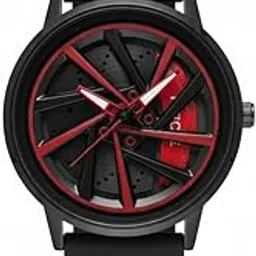 Stylish Unisex Analog Watch with Black Silicone Band, Red and Black Dial, Modern Wheel Design Pattern-picture-22