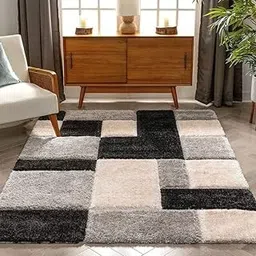 Luxury Shaggy Carpet 3 X5 FEET, Fluffy, and Elegant Rug – Ideal for Bedrooms, Living Rooms, and Offices Durable & Easy to Clean (Black-Silver-Ivory) image 1