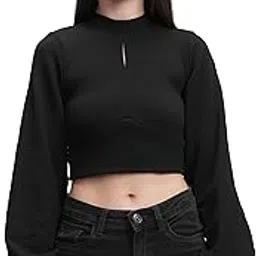 tokyo talkies Women's Puff Long Sleeves High Neck Key Hole Crop Top | Trendy & Flattering | Perfect for Casual & Party Looks | Tops for Woman | Women Tops | Women Crop Top-picture-10