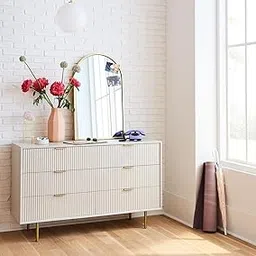 TGF Furniture Store Modern 3-Drawer Dresser – White Ribbed Front Design with Gold Metal Legs – Stylish Bedroom Storage Cabinet for Contemporary Interiors-picture-38