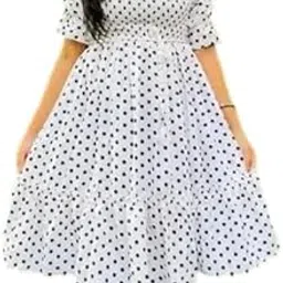 Women's Crepe Puffed Sleeve Polka Printed Midi Length Dress-picture-10
