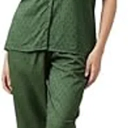 Women's Cotton Button Down Shirt & Pyjama Nightsuit Set In Green-image-81