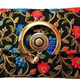 Floral Embroidered Clutch Purse For Women With Chain Strap Evening Party Clutch Bridal Ethnic Bag For Women (Black)-image-25
