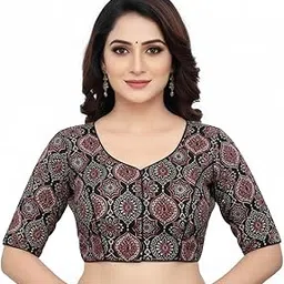 AGOMONI Traditional Ajrakh Print Cotton Blouse, Short Sleeves Blouse, Red Floral Pattern (Red, 32)-image-80