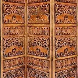 Elephant Design Wooden Partition for Living Room, 3-Panel Room Divider with Mango Wood Frame and MDF Design, Brown-image-99