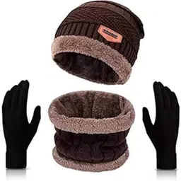 Winter Knit Beanie Cap Hat Neck Warmer Scarf and Woolen Gloves Set for Men & Women (3 Piece)-picture-25