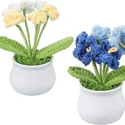 PATIKIL Crochet Flowers, 2 Pcs Knitting Crochet Flowers Forget-Me-Not Potted Plants Handmade Flowers Birthday Wedding Car Gift Home Decor, Gradient Yellow/Gradient Blue-picture-22