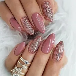 Vembley Set Of 24 pcs Resusable Artificial Glossy Pink Silver Glitter Almond Shape Press On Fake Nails With Glue Stickers-image-0